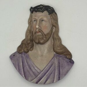 Vintage Jesus Christ Wall Plaque Chalkware Religious Bust Purple Robe